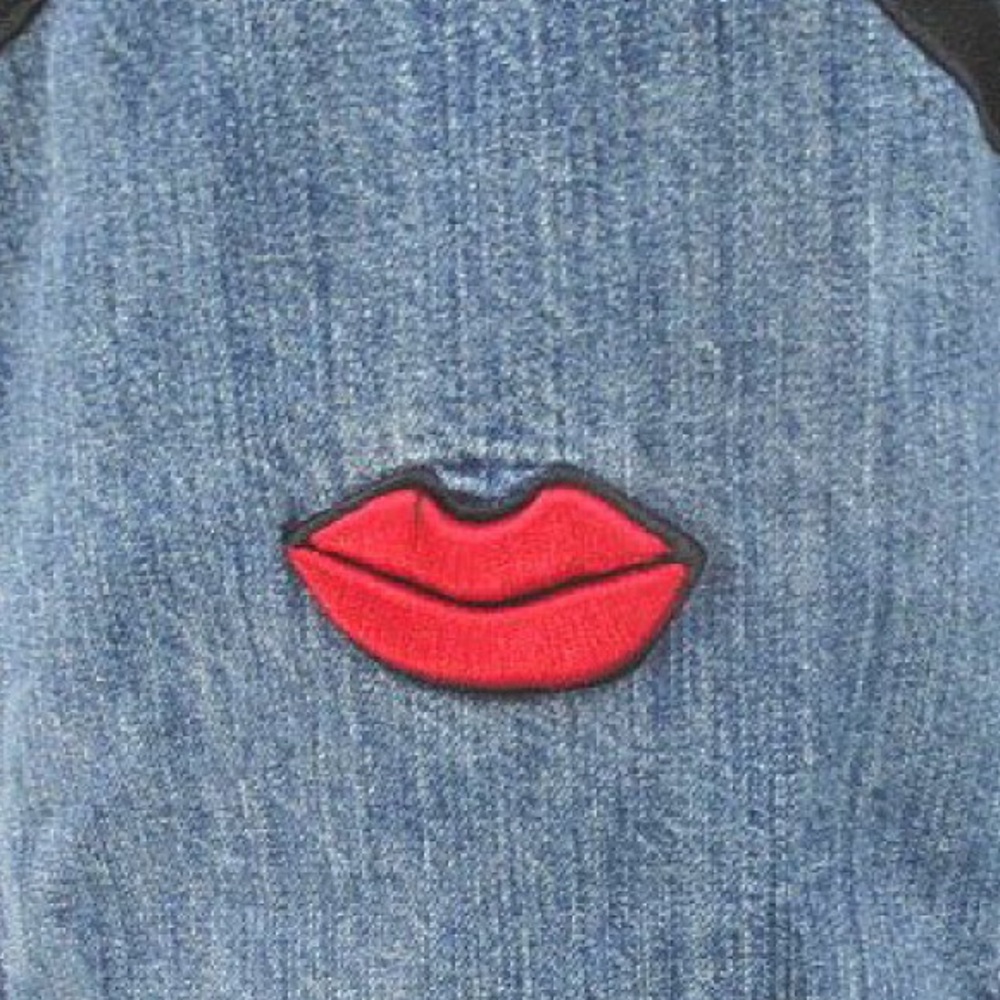 Alice + Olivia Denim Jacket with Eyeglasses and lips embroidered in the back. - Picture 3 of 10
